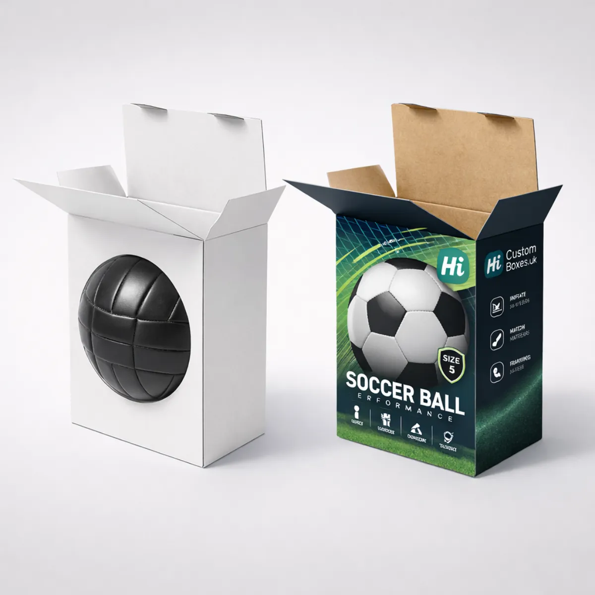 Two open-top cardboard boxes, one white and one with a football stadium graphics. class=